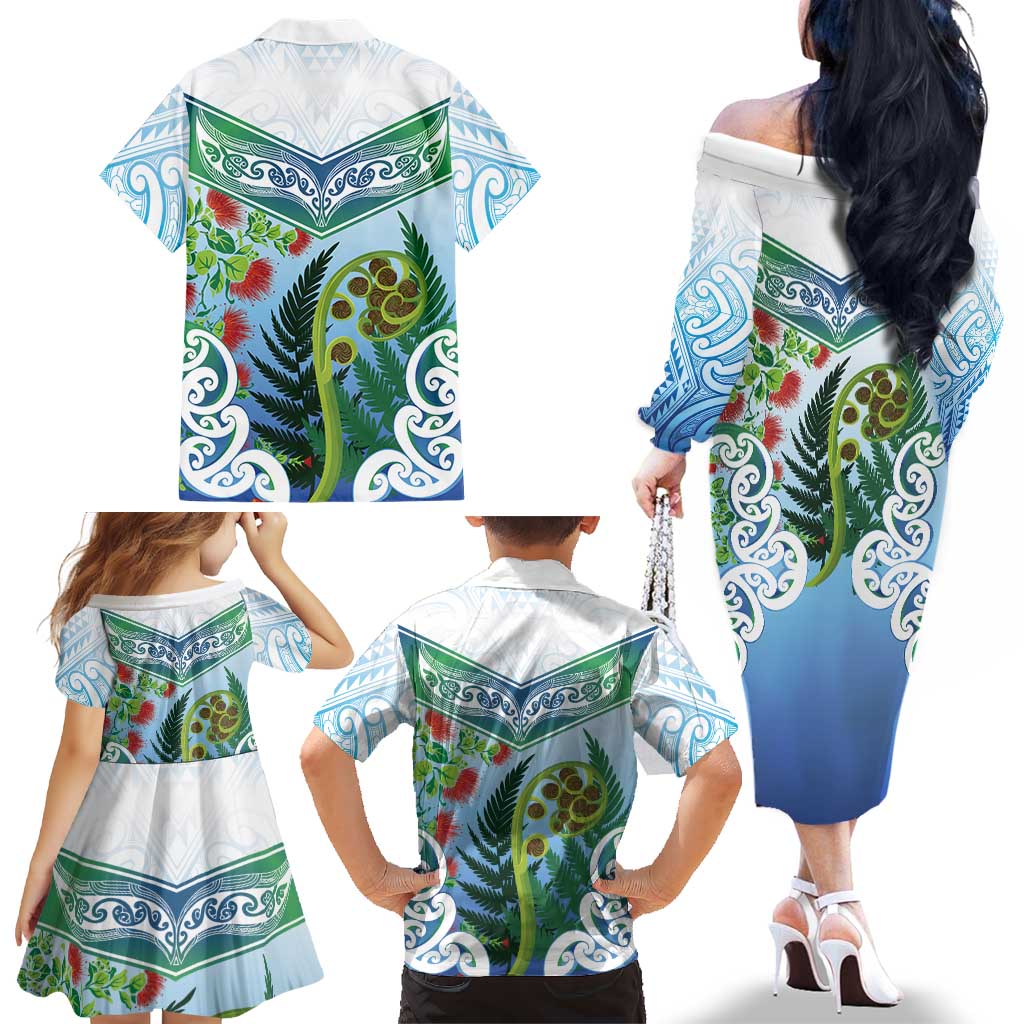 Aotearoa New Zealand Natural Plants Family Matching Off The Shoulder Long Sleeve Dress and Hawaiian Shirt Pohutukawa with Silver Ferns Koru Frond Maori Tattoos LT03 - Polynesian Pride