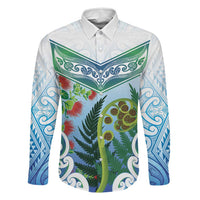 Aotearoa New Zealand Natural Plants Family Matching Off The Shoulder Long Sleeve Dress and Hawaiian Shirt Pohutukawa with Silver Ferns Koru Frond Maori Tattoos LT03 Dad's Shirt - Long Sleeve Multicolor - Polynesian Pride