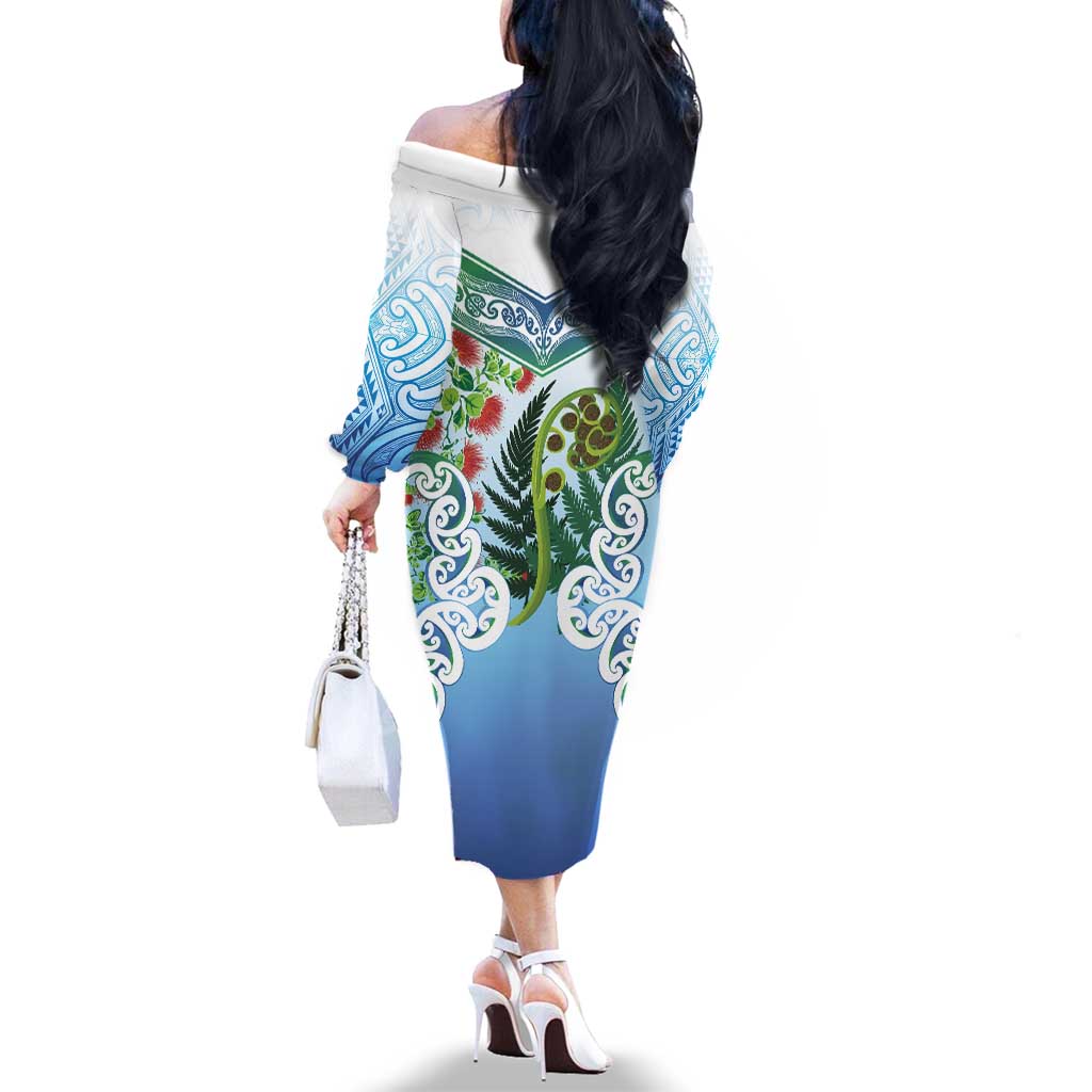 Aotearoa New Zealand Natural Plants Family Matching Off The Shoulder Long Sleeve Dress and Hawaiian Shirt Pohutukawa with Silver Ferns Koru Frond Maori Tattoos LT03 - Polynesian Pride