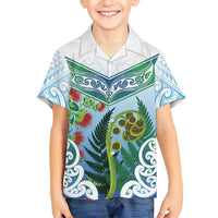 Aotearoa New Zealand Natural Plants Family Matching Off The Shoulder Long Sleeve Dress and Hawaiian Shirt Pohutukawa with Silver Ferns Koru Frond Maori Tattoos LT03 Son's Shirt Multicolor - Polynesian Pride