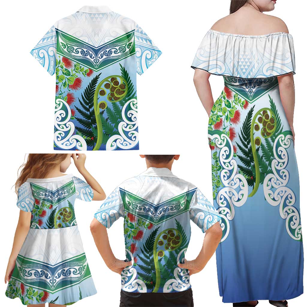 Aotearoa New Zealand Natural Plants Family Matching Off Shoulder Maxi Dress and Hawaiian Shirt Pohutukawa with Silver Ferns Koru Frond Maori Tattoos