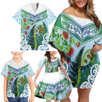 Aotearoa New Zealand Natural Plants Family Matching Off Shoulder Short Dress and Hawaiian Shirt Pohutukawa with Silver Ferns Koru Frond Maori Tattoos