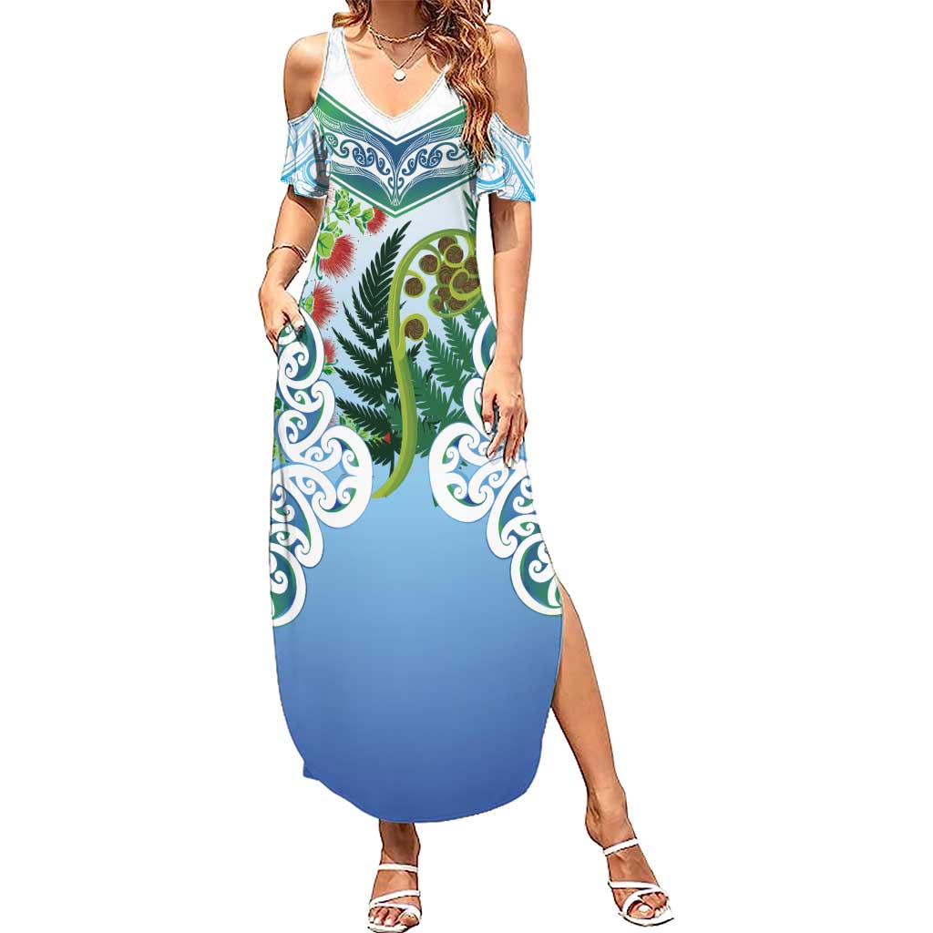 Aotearoa New Zealand Natural Plants Family Matching Summer Maxi Dress and Hawaiian Shirt Pohutukawa with Silver Ferns Koru Frond Maori Tattoos