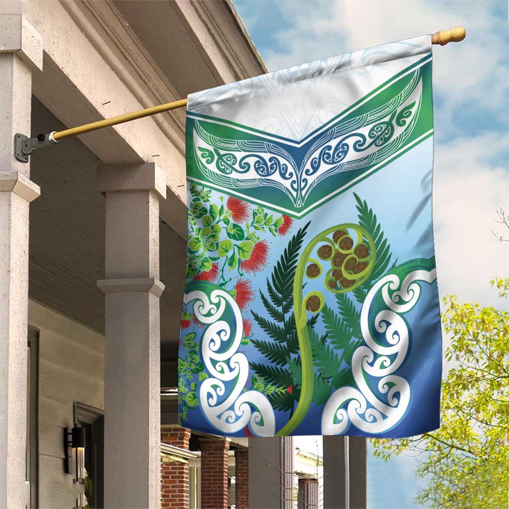 Aotearoa New Zealand Natural Plants Garden Flag Pohutukawa with Silver Ferns Koru Frond Maori Tattoos
