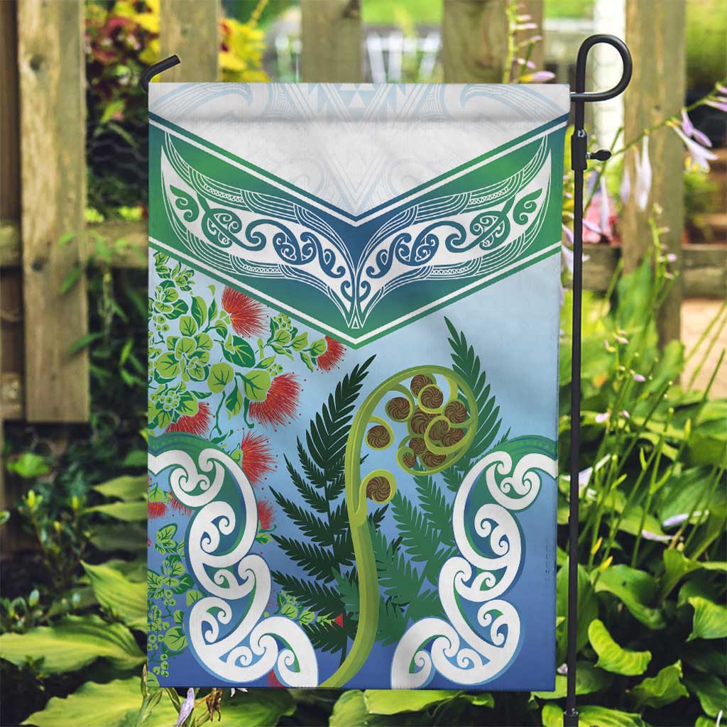 Aotearoa New Zealand Natural Plants Garden Flag Pohutukawa with Silver Ferns Koru Frond Maori Tattoos