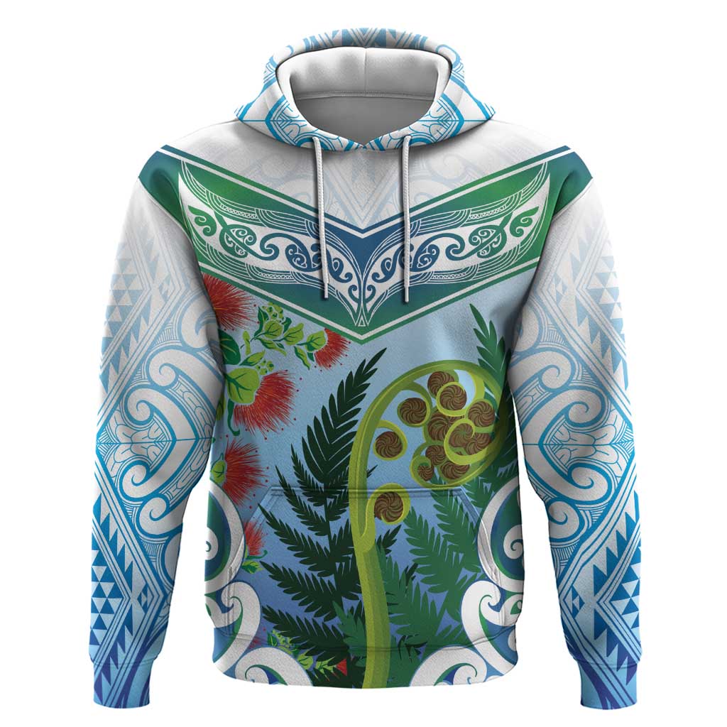 Aotearoa New Zealand Natural Plants Hoodie Pohutukawa with Silver Ferns Koru Frond Maori Tattoos LT03 Pullover Hoodie Multicolor - Polynesian Pride
