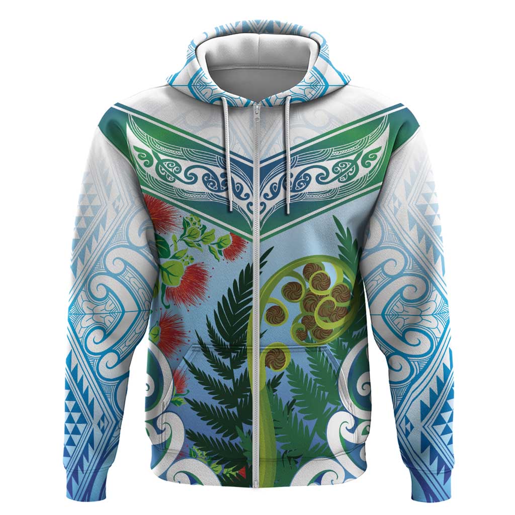 Aotearoa New Zealand Natural Plants Hoodie Pohutukawa with Silver Ferns Koru Frond Maori Tattoos LT03 Zip Hoodie Multicolor - Polynesian Pride