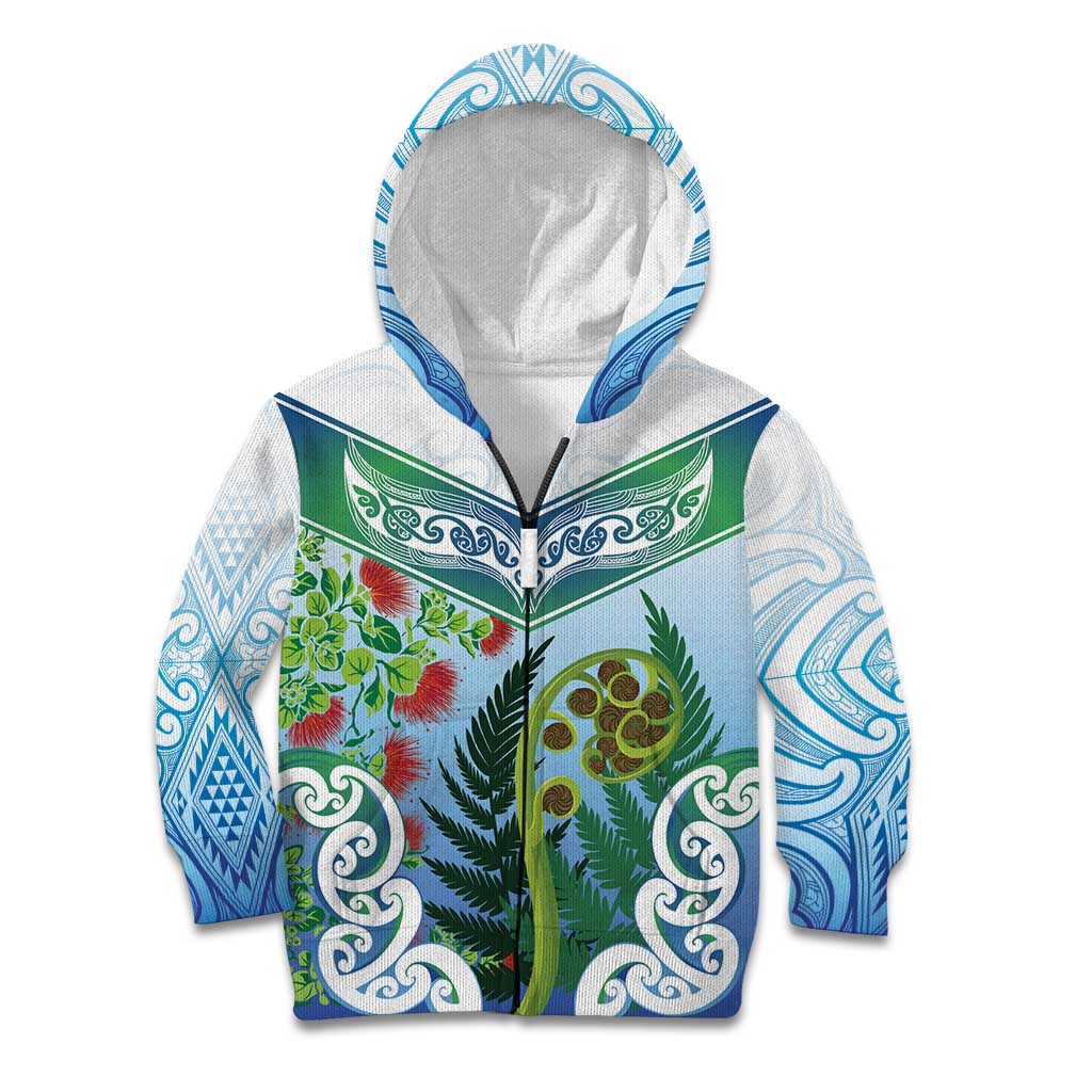 Aotearoa New Zealand Natural Plants Kid Hoodie Pohutukawa with Silver Ferns Koru Frond Maori Tattoos