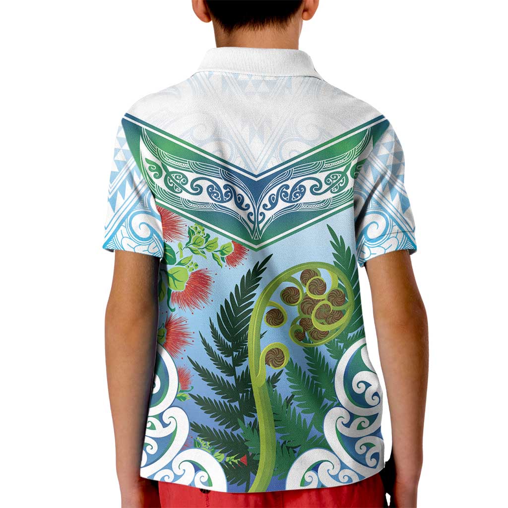 Aotearoa New Zealand Natural Plants Kid Polo Shirt Pohutukawa with Silver Ferns Koru Frond Maori Tattoos