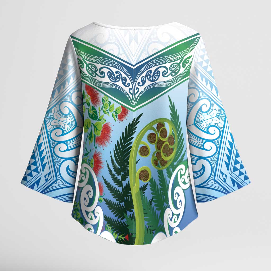 Aotearoa New Zealand Natural Plants Kimono Sleeve Blouse Pohutukawa with Silver Ferns Koru Frond Maori Tattoos