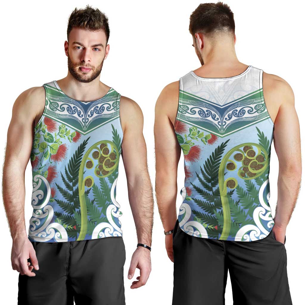 Aotearoa New Zealand Natural Plants Men Tank Top Pohutukawa with Silver Ferns Koru Frond Maori Tattoos