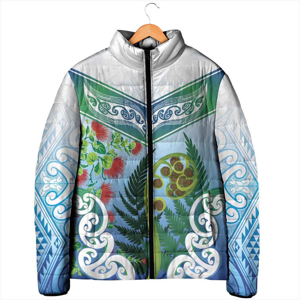 Aotearoa New Zealand Natural Plants Padded Jacket Pohutukawa with Silver Ferns Koru Frond Maori Tattoos