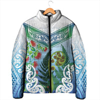 Aotearoa New Zealand Natural Plants Padded Jacket Pohutukawa with Silver Ferns Koru Frond Maori Tattoos