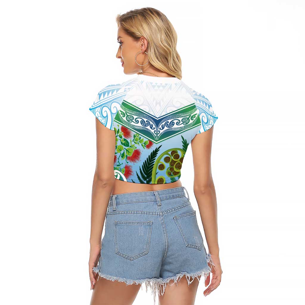 Aotearoa New Zealand Natural Plants Raglan Cropped T Shirt Pohutukawa with Silver Ferns Koru Frond Maori Tattoos