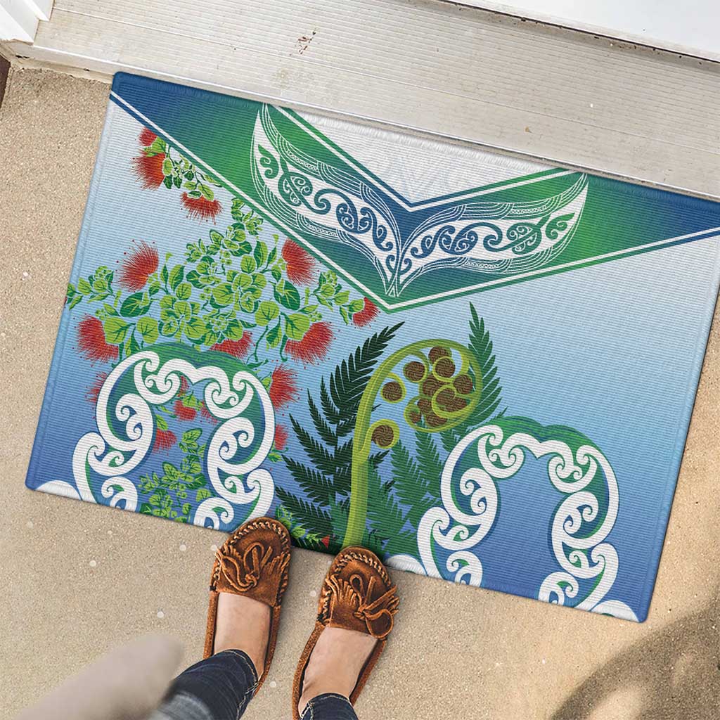 Aotearoa New Zealand Natural Plants Rubber Doormat Pohutukawa with Silver Ferns Koru Frond Maori Tattoos