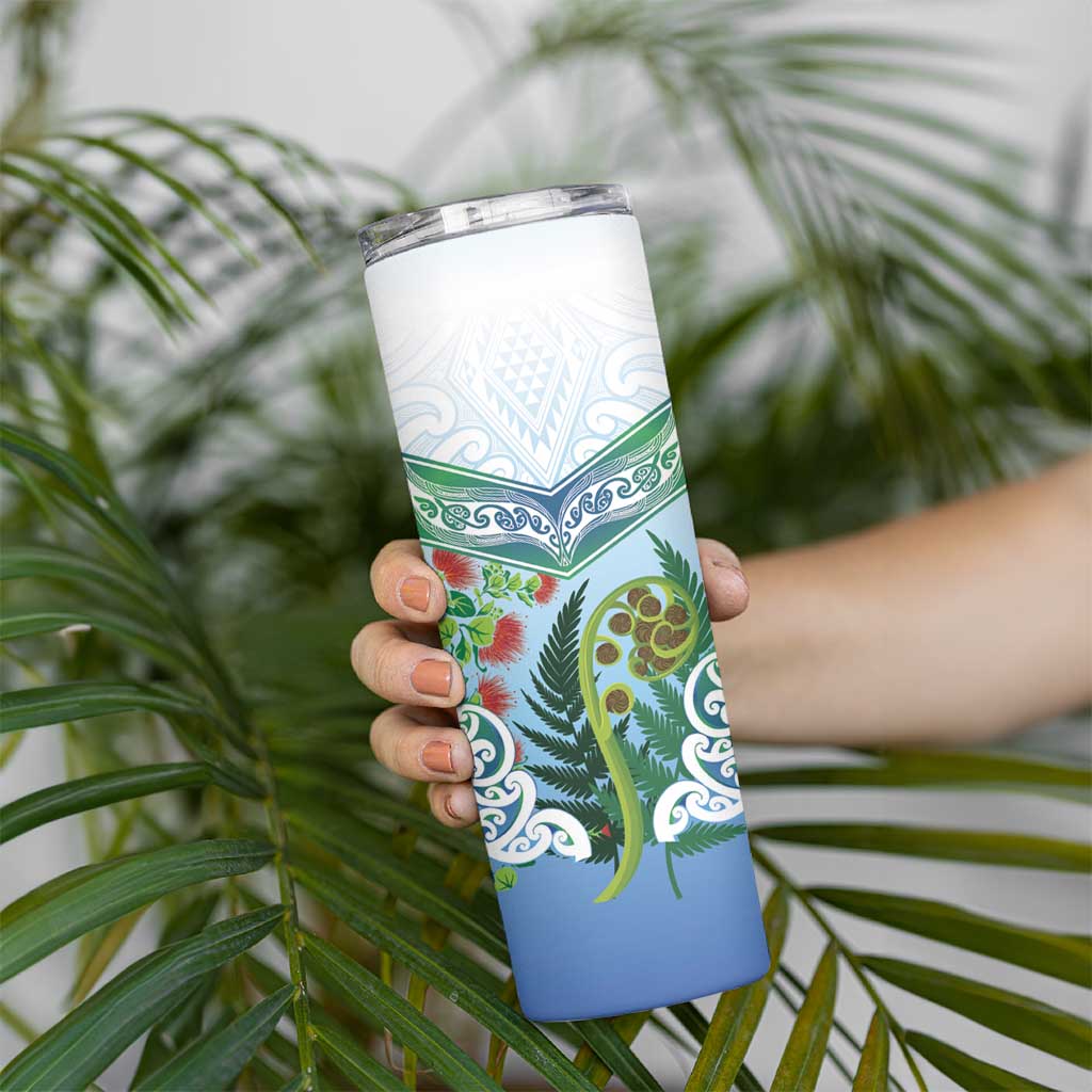 Aotearoa New Zealand Natural Plants Skinny Tumbler Pohutukawa with Silver Ferns Koru Frond Maori Tattoos