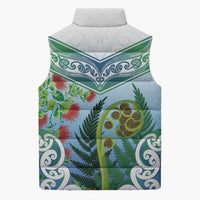 Aotearoa New Zealand Natural Plants Sleeveless Puffer Jacket Pohutukawa with Silver Ferns Koru Frond Maori Tattoos