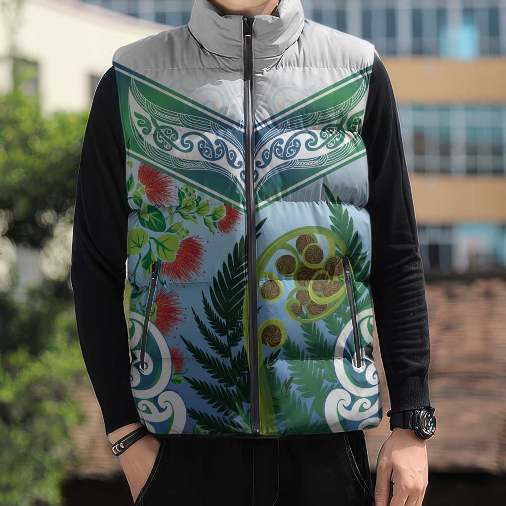 Aotearoa New Zealand Natural Plants Sleeveless Puffer Jacket Pohutukawa with Silver Ferns Koru Frond Maori Tattoos