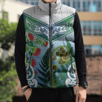 Aotearoa New Zealand Natural Plants Sleeveless Puffer Jacket Pohutukawa with Silver Ferns Koru Frond Maori Tattoos