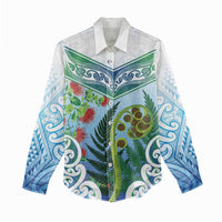 Aotearoa New Zealand Natural Plants Women Casual Shirt Pohutukawa with Silver Ferns Koru Frond Maori Tattoos