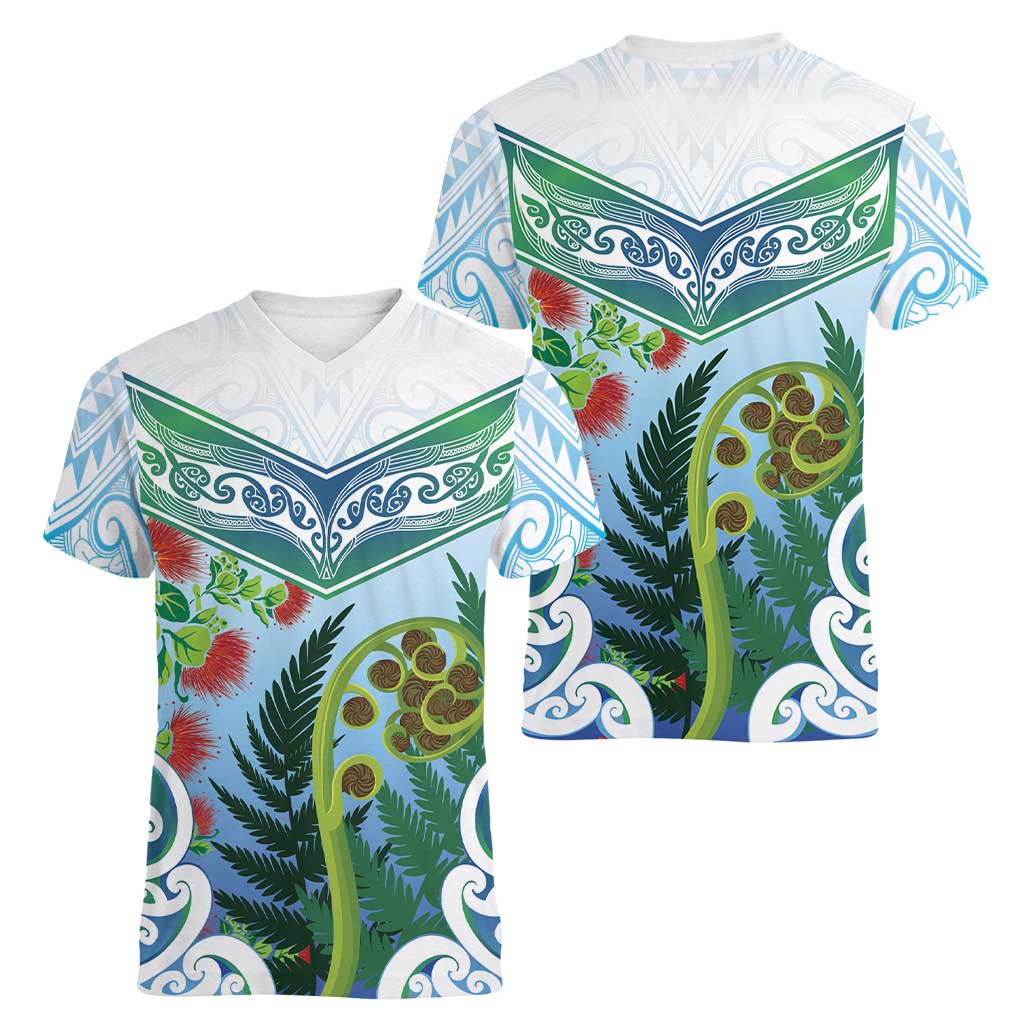 Aotearoa New Zealand Natural Plants Women V-Neck T-Shirt Pohutukawa with Silver Ferns Koru Frond Maori Tattoos