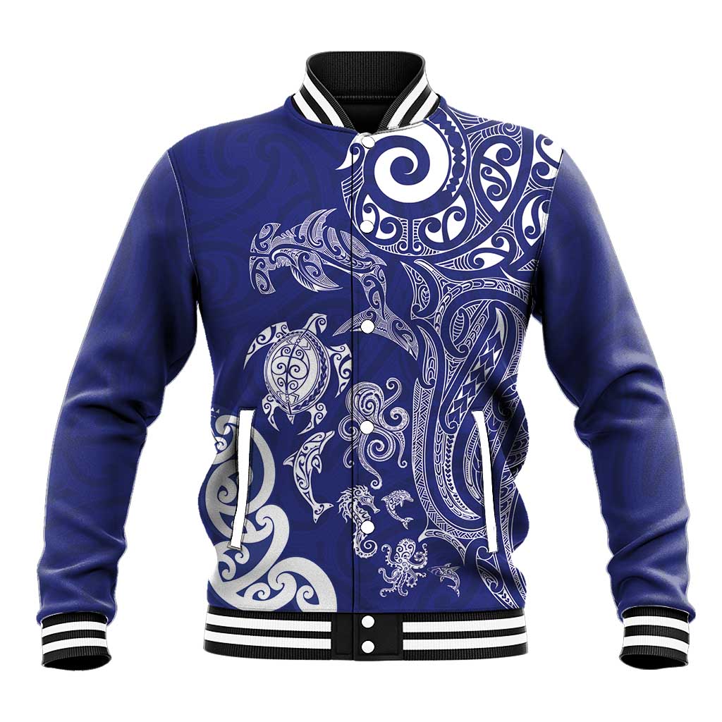 New Zealand Sea Animals with Maori Tribal Tattoo Baseball Jacket Blue Color