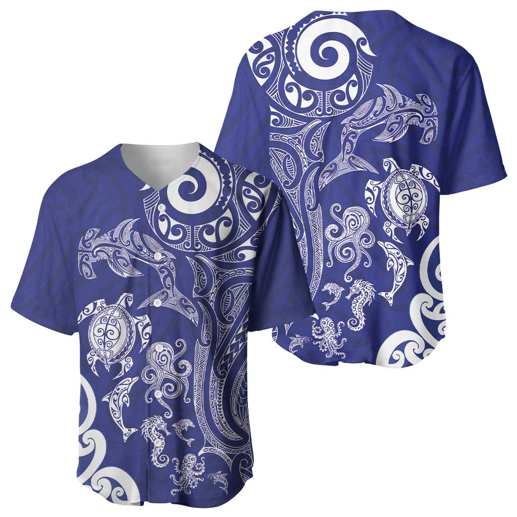 New Zealand Sea Animals with Maori Tribal Tattoo Baseball Jersey Blue Color