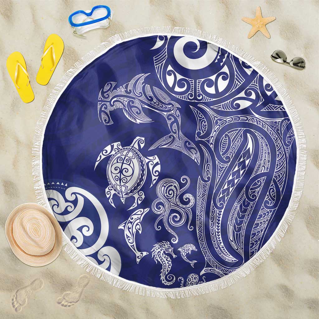 New Zealand Sea Animals with Maori Tribal Tattoo Beach Blanket Blue Color LT03 One Size 150cm Blue - Polynesian Pride
