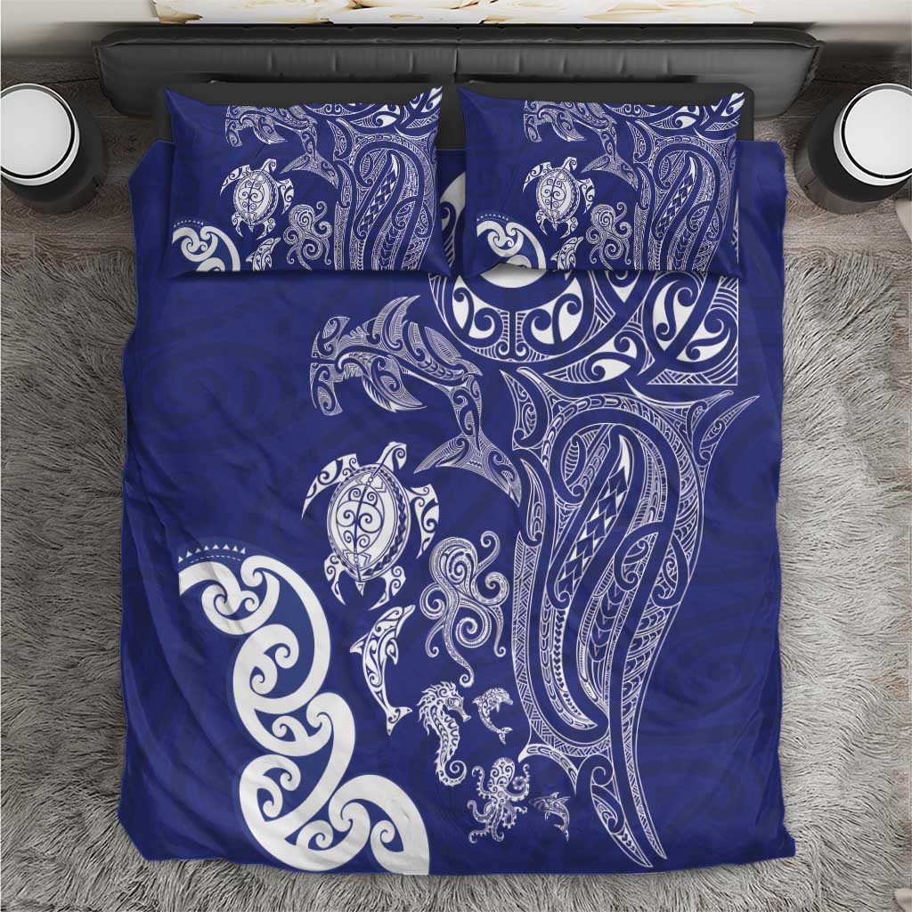New Zealand Sea Animals with Maori Tribal Tattoo Bedding Set Blue Color