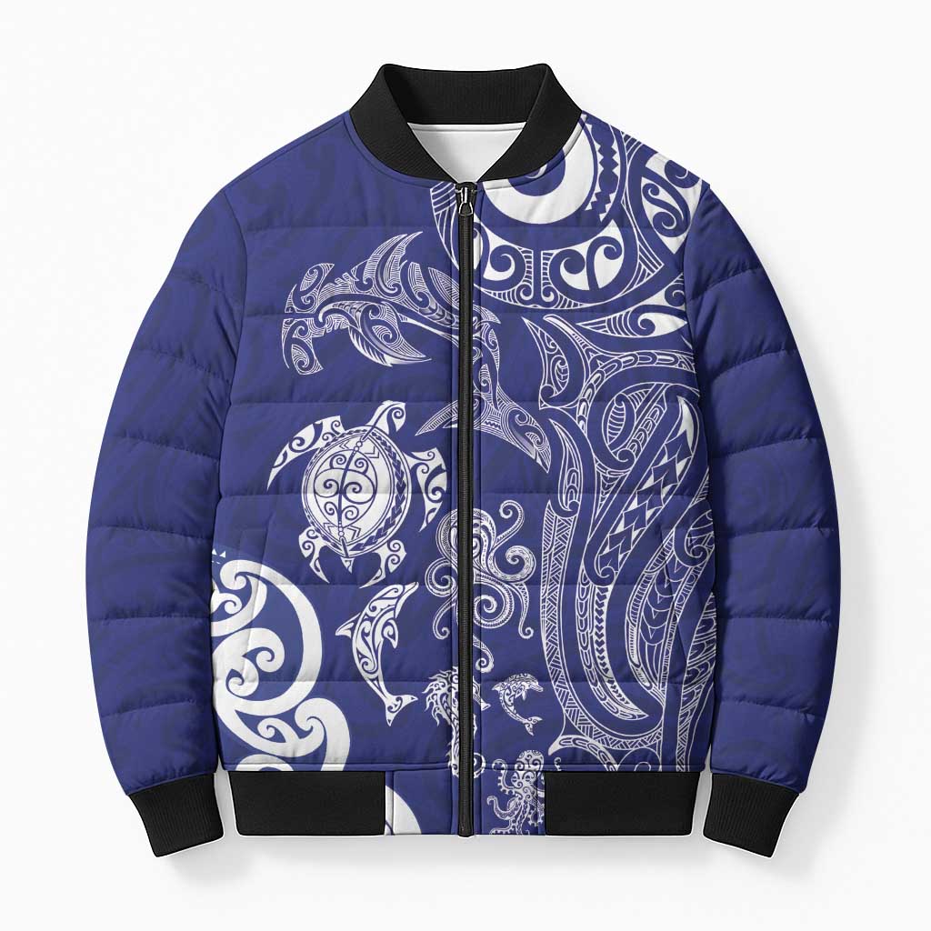 New Zealand Sea Animals with Maori Tribal Tattoo Bomber Puffer Jacket Blue Color