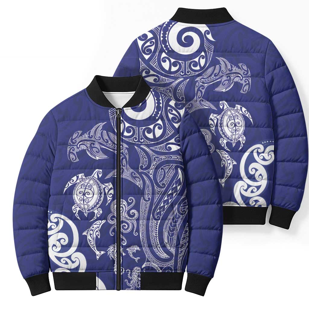 New Zealand Sea Animals with Maori Tribal Tattoo Bomber Puffer Jacket Blue Color