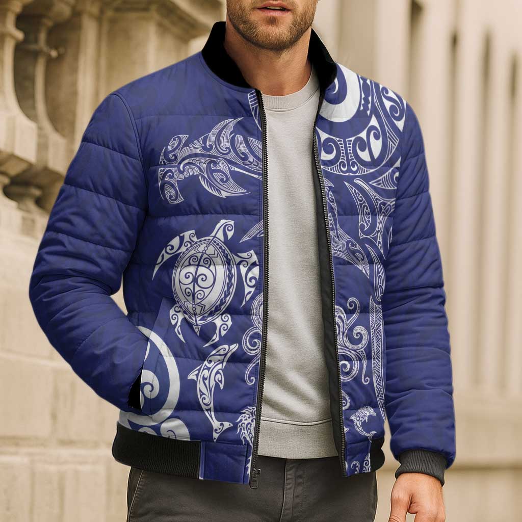 New Zealand Sea Animals with Maori Tribal Tattoo Bomber Puffer Jacket Blue Color