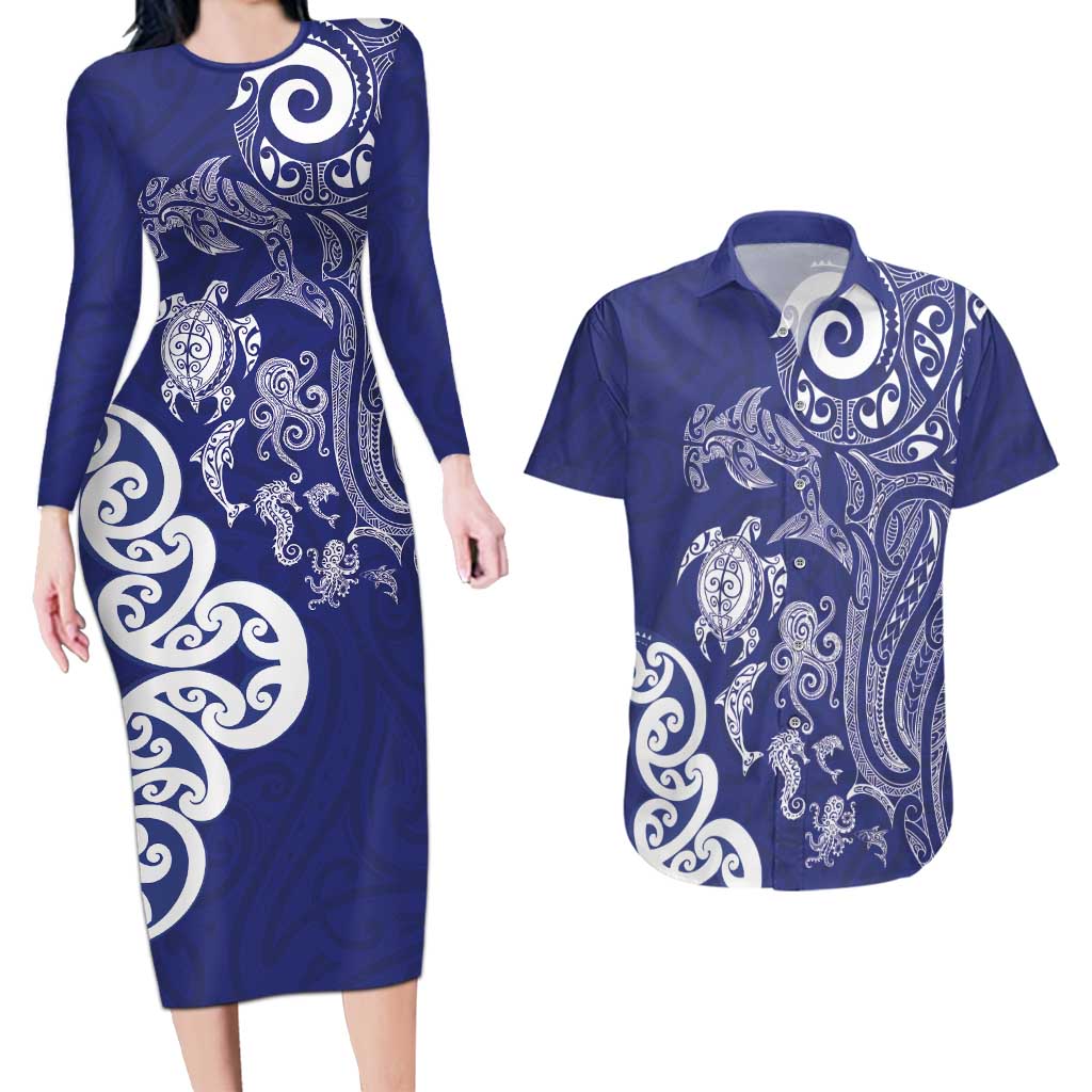 New Zealand Sea Animals with Maori Tribal Tattoo Couples Matching Long Sleeve Bodycon Dress and Hawaiian Shirt Blue Color LT03 Blue - Polynesian Pride