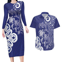 New Zealand Sea Animals with Maori Tribal Tattoo Couples Matching Long Sleeve Bodycon Dress and Hawaiian Shirt Blue Color LT03 Blue - Polynesian Pride