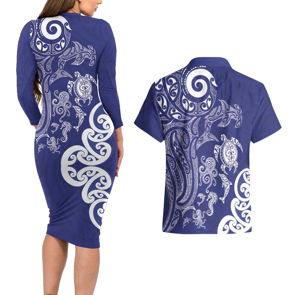 New Zealand Sea Animals with Maori Tribal Tattoo Couples Matching Long Sleeve Bodycon Dress and Hawaiian Shirt Blue Color LT03 - Polynesian Pride