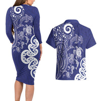 New Zealand Sea Animals with Maori Tribal Tattoo Couples Matching Long Sleeve Bodycon Dress and Hawaiian Shirt Blue Color LT03 - Polynesian Pride