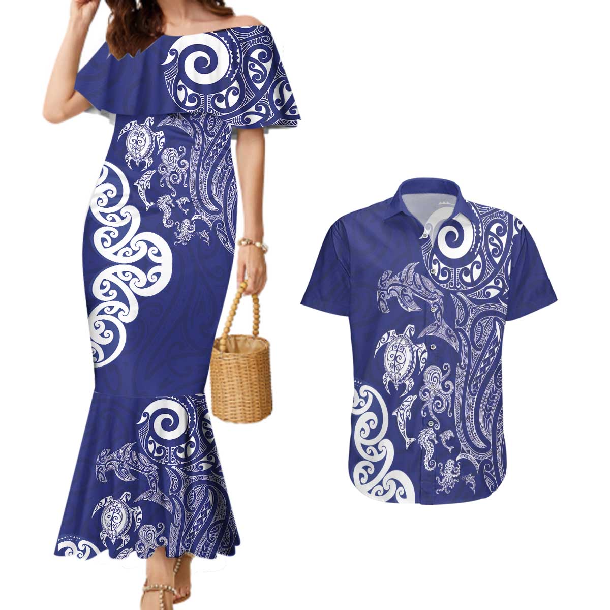 New Zealand Sea Animals with Maori Tribal Tattoo Couples Matching Mermaid Dress and Hawaiian Shirt Blue Color