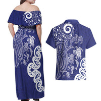 New Zealand Sea Animals with Maori Tribal Tattoo Couples Matching Off Shoulder Maxi Dress and Hawaiian Shirt Blue Color
