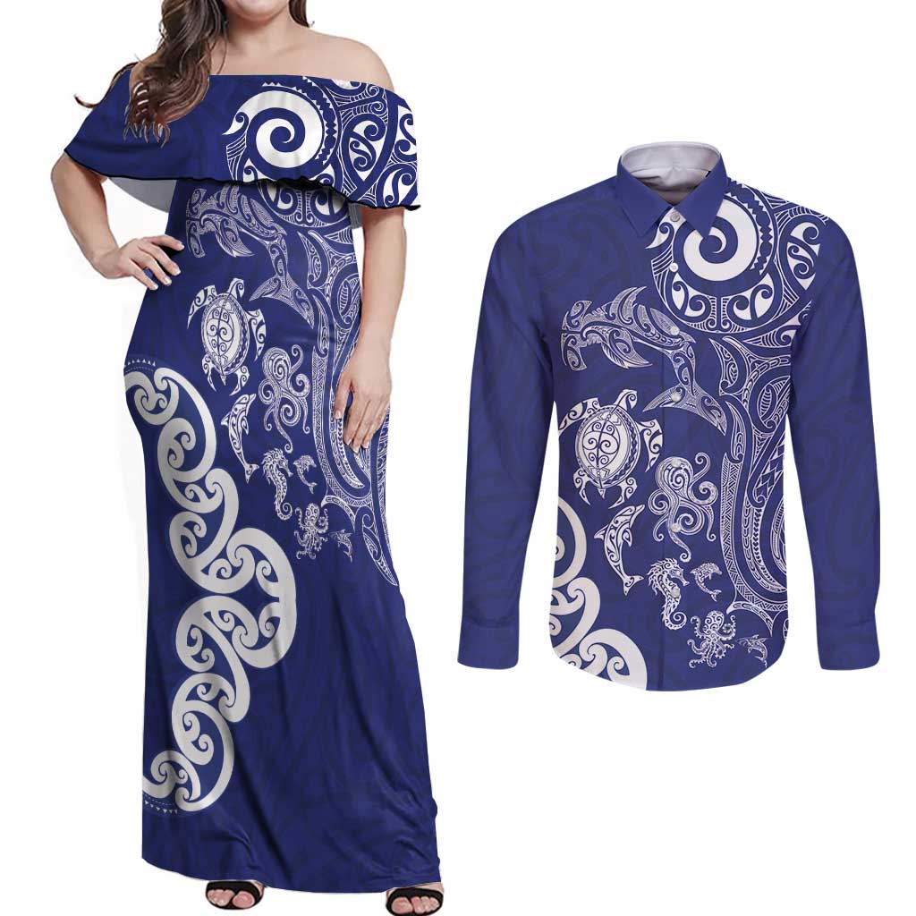 New Zealand Sea Animals with Maori Tribal Tattoo Couples Matching Off Shoulder Maxi Dress and Long Sleeve Button Shirt Blue Color