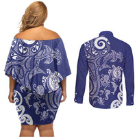 New Zealand Sea Animals with Maori Tribal Tattoo Couples Matching Off Shoulder Short Dress and Long Sleeve Button Shirt Blue Color