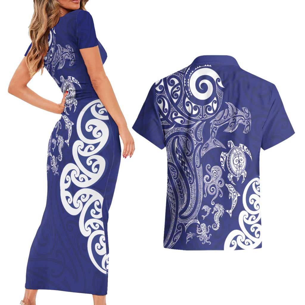 New Zealand Sea Animals with Maori Tribal Tattoo Couples Matching Short Sleeve Bodycon Dress and Hawaiian Shirt Blue Color