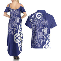 New Zealand Sea Animals with Maori Tribal Tattoo Couples Matching Summer Maxi Dress and Hawaiian Shirt Blue Color