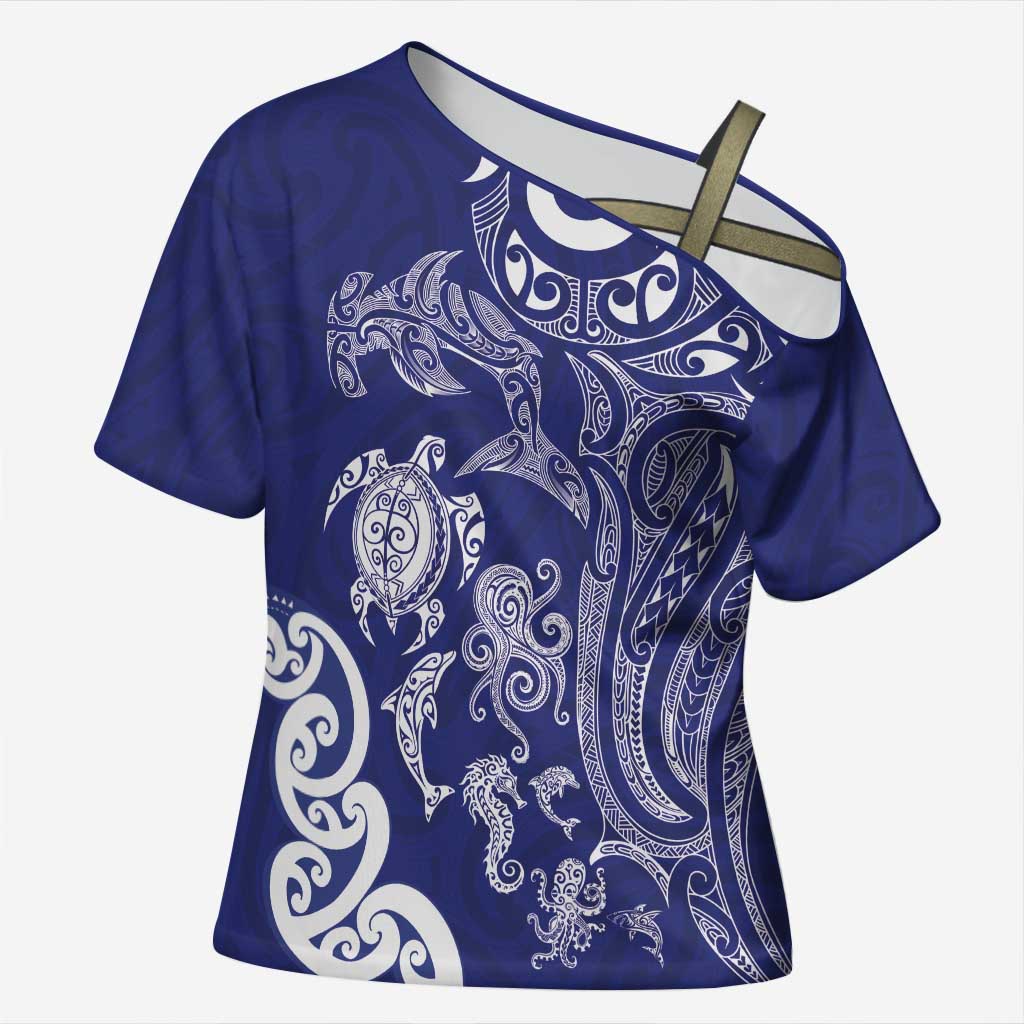 New Zealand Sea Animals with Maori Tribal Tattoo Cross Shoulder Shirt Blue Color