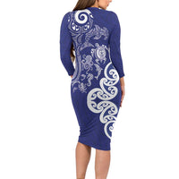 New Zealand Sea Animals with Maori Tribal Tattoo Family Matching Long Sleeve Bodycon Dress and Hawaiian Shirt Blue Color