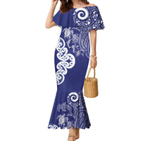 New Zealand Sea Animals with Maori Tribal Tattoo Family Matching Mermaid Dress and Hawaiian Shirt Blue Color