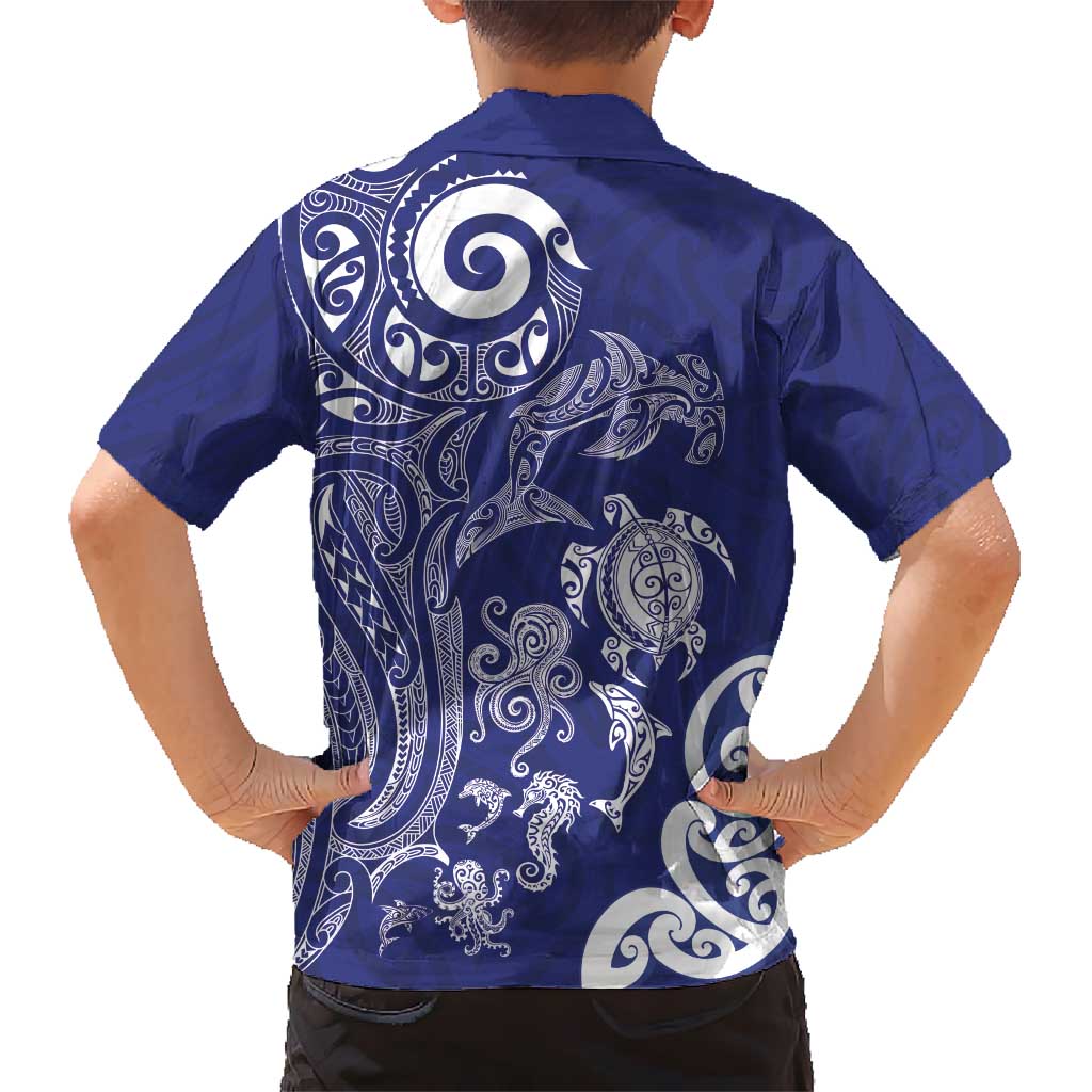 New Zealand Sea Animals with Maori Tribal Tattoo Family Matching Off The Shoulder Long Sleeve Dress and Hawaiian Shirt Blue Color LT03 - Polynesian Pride