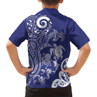 New Zealand Sea Animals with Maori Tribal Tattoo Family Matching Off The Shoulder Long Sleeve Dress and Hawaiian Shirt Blue Color LT03 - Polynesian Pride