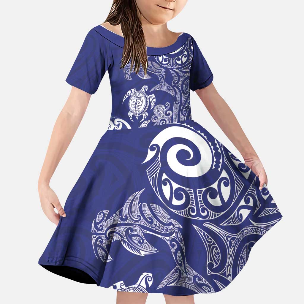 New Zealand Sea Animals with Maori Tribal Tattoo Family Matching Off The Shoulder Long Sleeve Dress and Hawaiian Shirt Blue Color LT03 Daughter's Dress Blue - Polynesian Pride