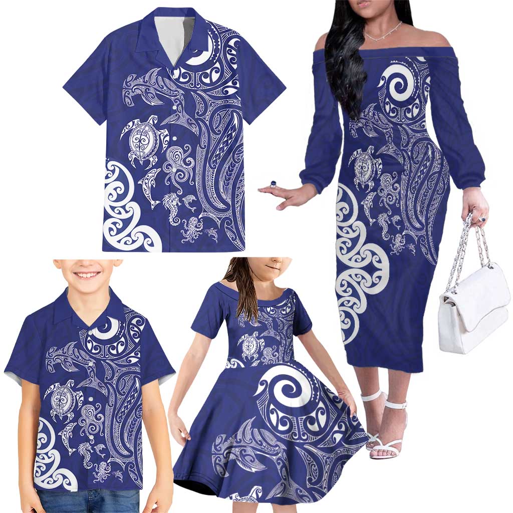 New Zealand Sea Animals with Maori Tribal Tattoo Family Matching Off The Shoulder Long Sleeve Dress and Hawaiian Shirt Blue Color LT03 - Polynesian Pride