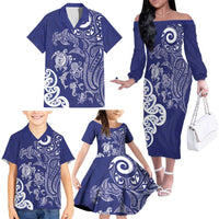 New Zealand Sea Animals with Maori Tribal Tattoo Family Matching Off The Shoulder Long Sleeve Dress and Hawaiian Shirt Blue Color LT03 - Polynesian Pride